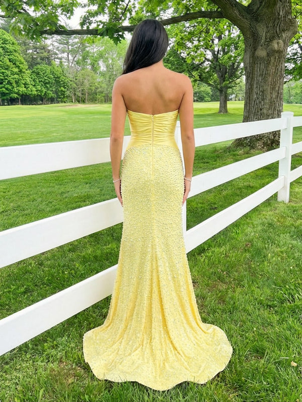 Sparkly Satin Cut Out Strapless Mermaid Prom Dresses with Slit