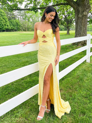 Sparkly Satin Cut Out Strapless Mermaid Prom Dresses with Slit