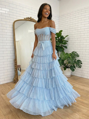 Tulle Off the Shoulder Tiered Strapless Bow A Line Prom Dresses
