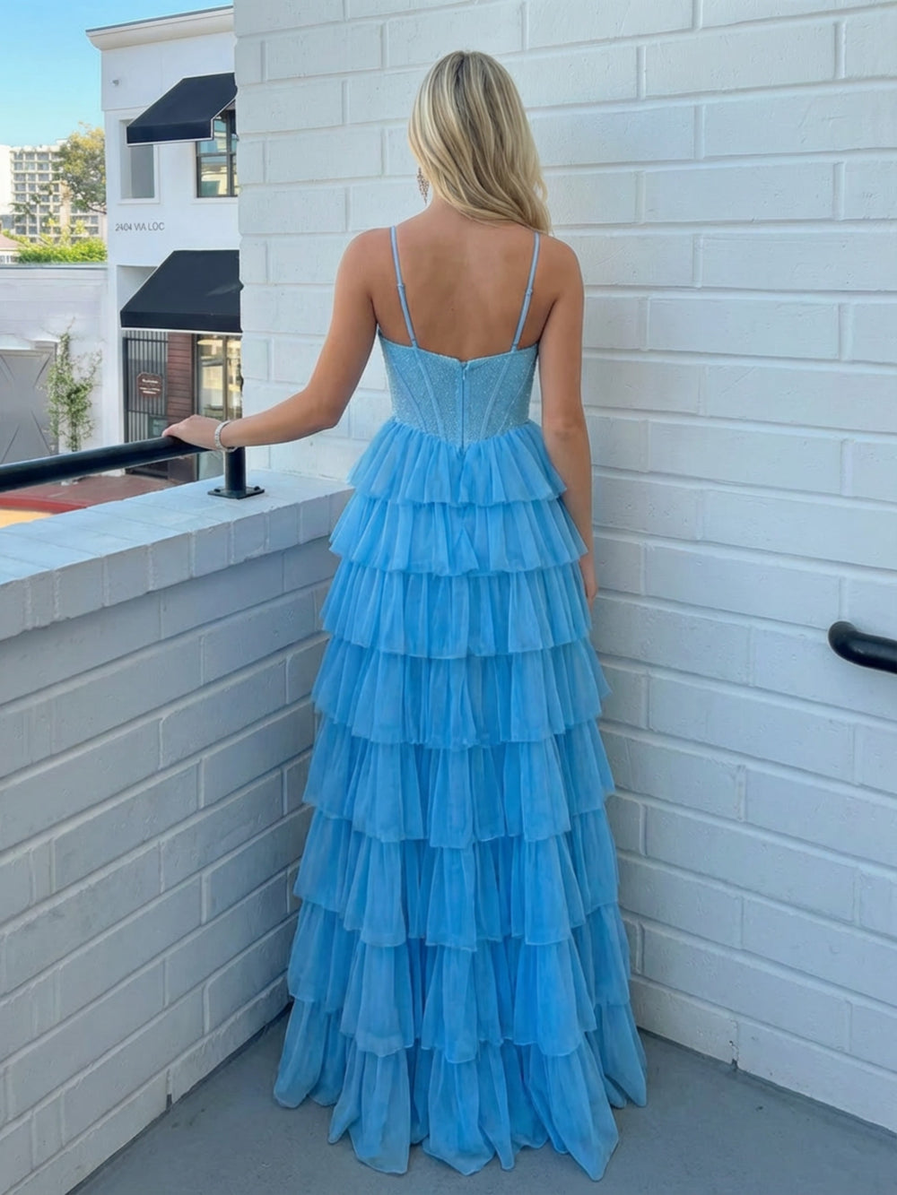 Tulle Spaghetti Straps Tiered V Neck A Line Prom Dresses with Slit