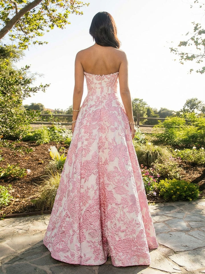 Strapless Tulle Sleeveless Floral Print A Line Prom Dresses