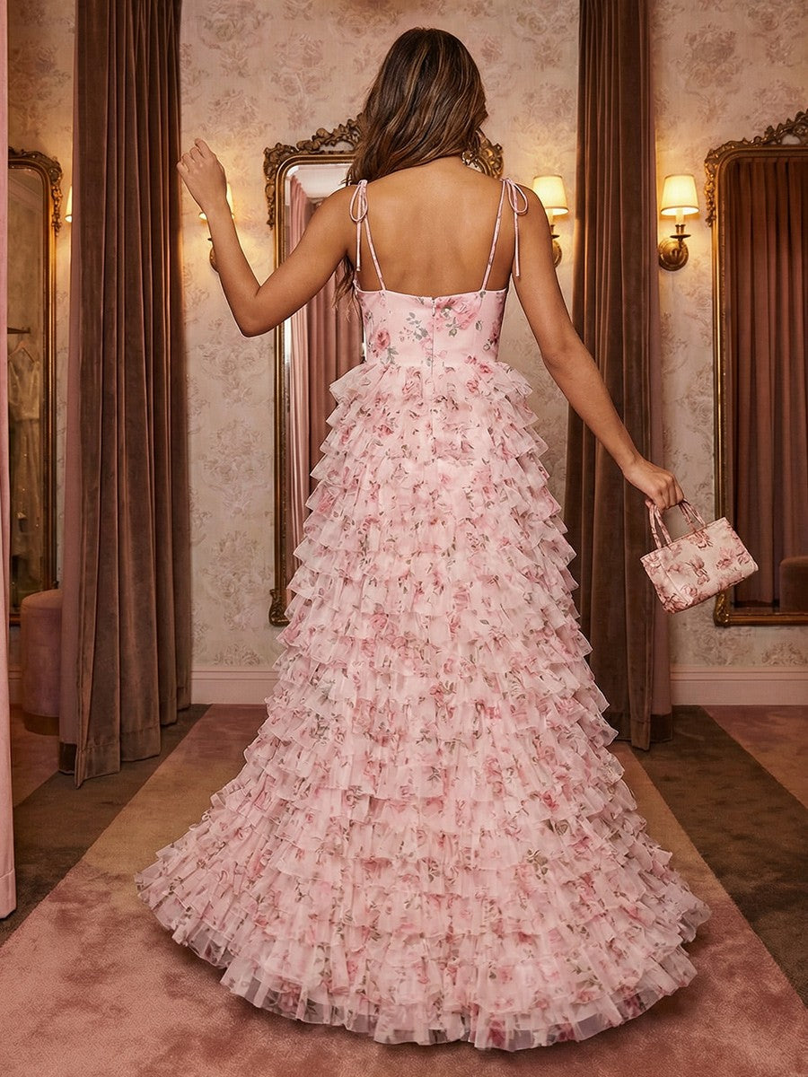 Spaghetti Straps Tulle Cowl Neck Tiered Floral Print A Line Prom Dresses