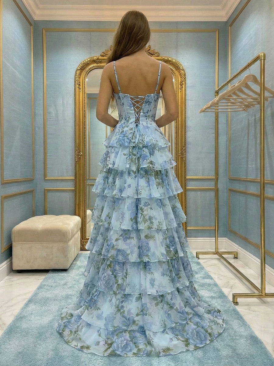 Spaghetti Straps Tulle Cowl Neck Tiered Floral Print A Line Prom Dresses