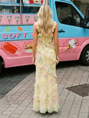 Spaghetti Straps Tulle V Neck Ruffles Floral Print Mermaid Prom Dresses