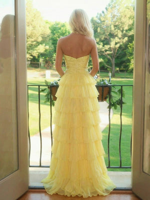 Tulle Tiered Sparkly Cut Out A Line Prom Dresses with Slit