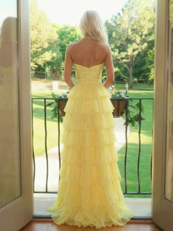 Tulle Tiered Sparkly Cut Out A Line Prom Dresses with Slit