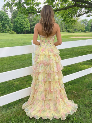 Tulle Tiered Floral Print A Line Corset Prom Dresses with Slit