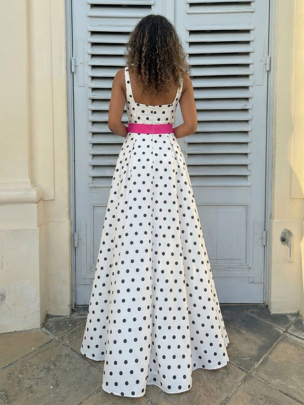 Spaghetti Straps Square Neck Bow A Line Prom Dresses with Slit