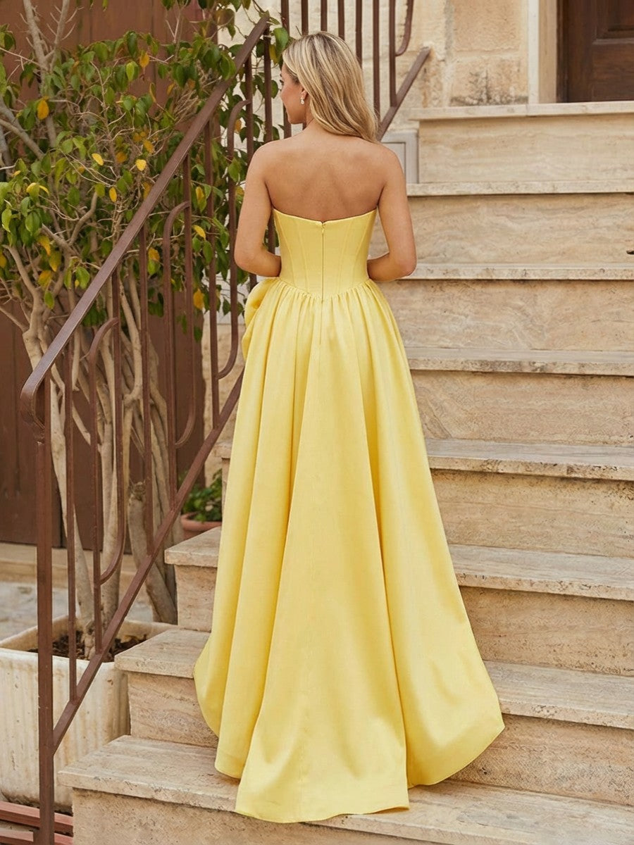 Satin 3D Flowers Pleated A Line Corset Prom Dresses with Slit