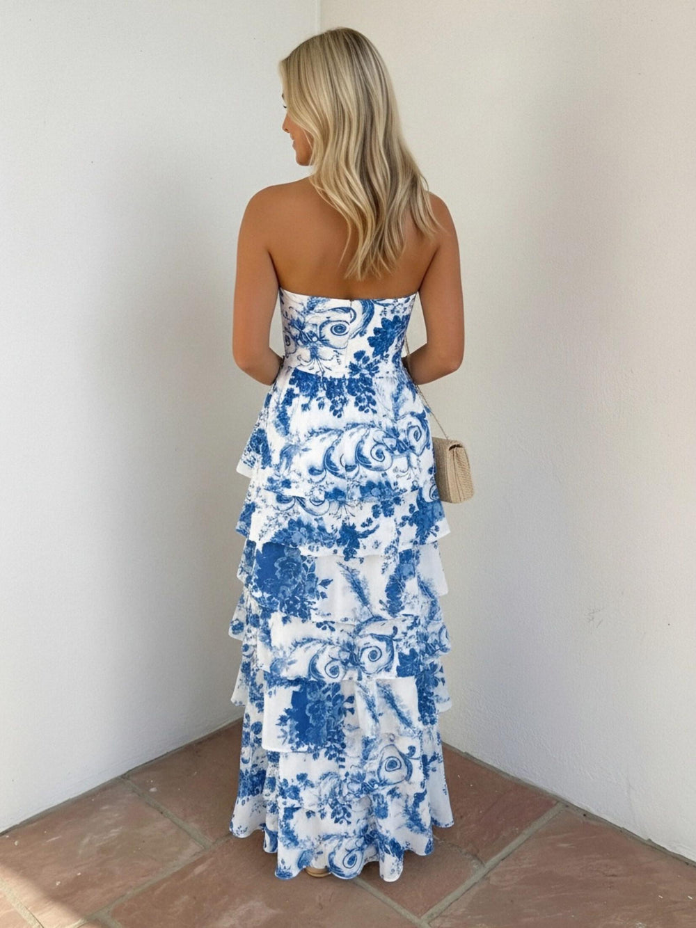 Floral Strapless Sheath Layered Long Prom Dresses Sweetheart