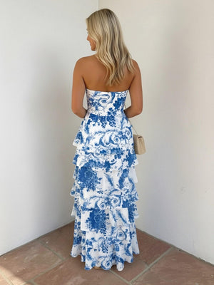 Floral Strapless Sheath Layered Long Prom Dresses Sweetheart