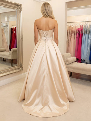 Satin Strapless A-Line Sweetheart Prom Dresses with Sequin Party Dresses