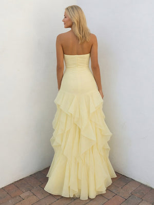 Chiffon Strapless A-Line Ruffles Pleats Prom Dresses with 3D Flower