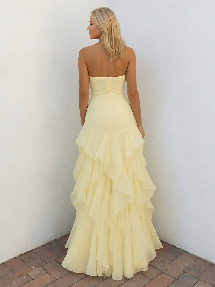 Chiffon Strapless A-Line Ruffles Pleats Prom Dresses with 3D Flower