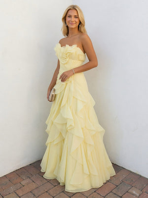 Chiffon Strapless A-Line Ruffles Pleats Prom Dresses with 3D Flower