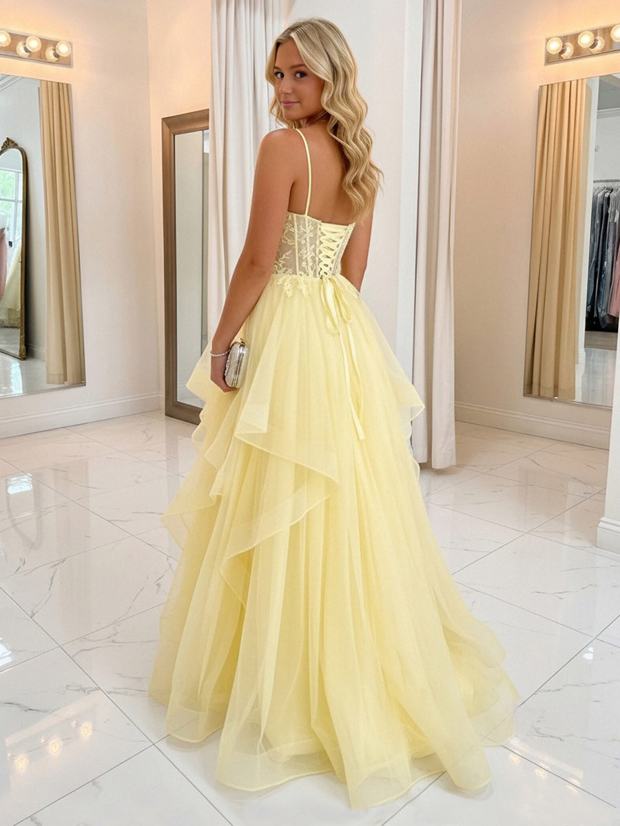 Lace Appliques Spaghetti Straps V Neck A-Line Prom Dresses with Ruffles