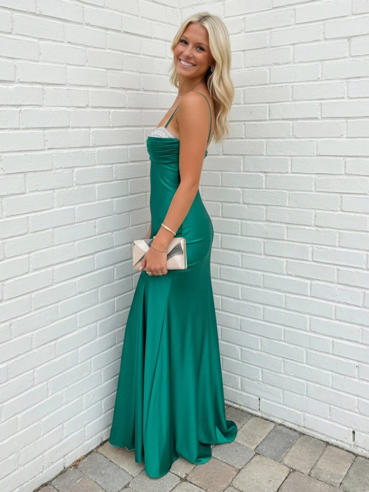 Spaghetti Straps Sheath Sweetheart Pleats Prom Dresses with Beadings