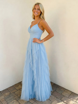 Spaghetti Straps Lace V Neck A-Line Ruffles Prom Dresses Pleats Party Gown