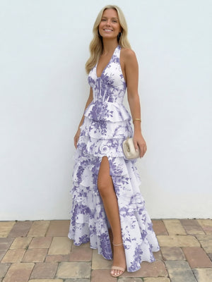 Halter Floral Deep V Neck A-Line Prom Dresses with Layered