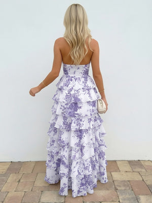 Halter Floral Deep V Neck A-Line Prom Dresses with Layered