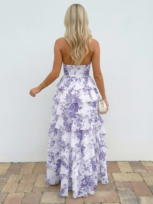 Halter Floral Deep V Neck A-Line Prom Dresses with Layered