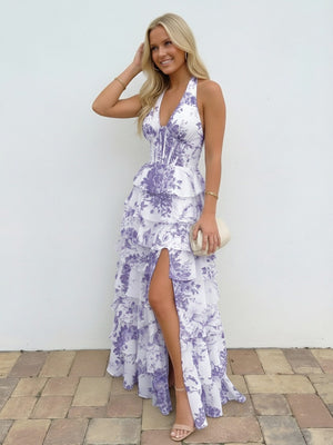 Halter Floral Deep V Neck A-Line Prom Dresses with Layered