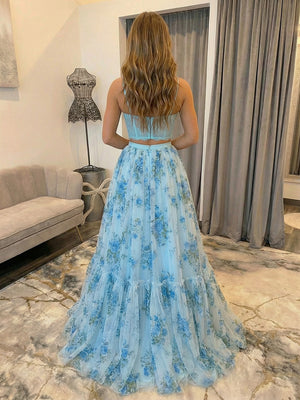 Floral Spaghetti Straps Lace A Line Two Piece Prom Dresses