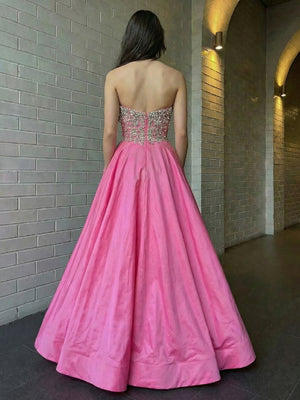 Satin Strapless Sweetheart A Line Sparkly Beaded Prom Dresses
