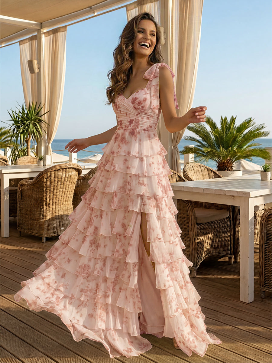 Floral Bow Spaghetti Straps Sweetheart A Line Layered Prom Dresses with Slit