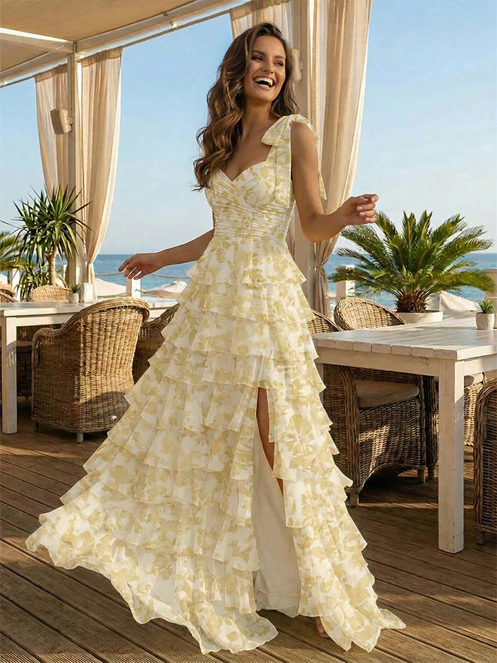 Floral Bow Spaghetti Straps Sweetheart A Line Layered Prom Dresses with Slit