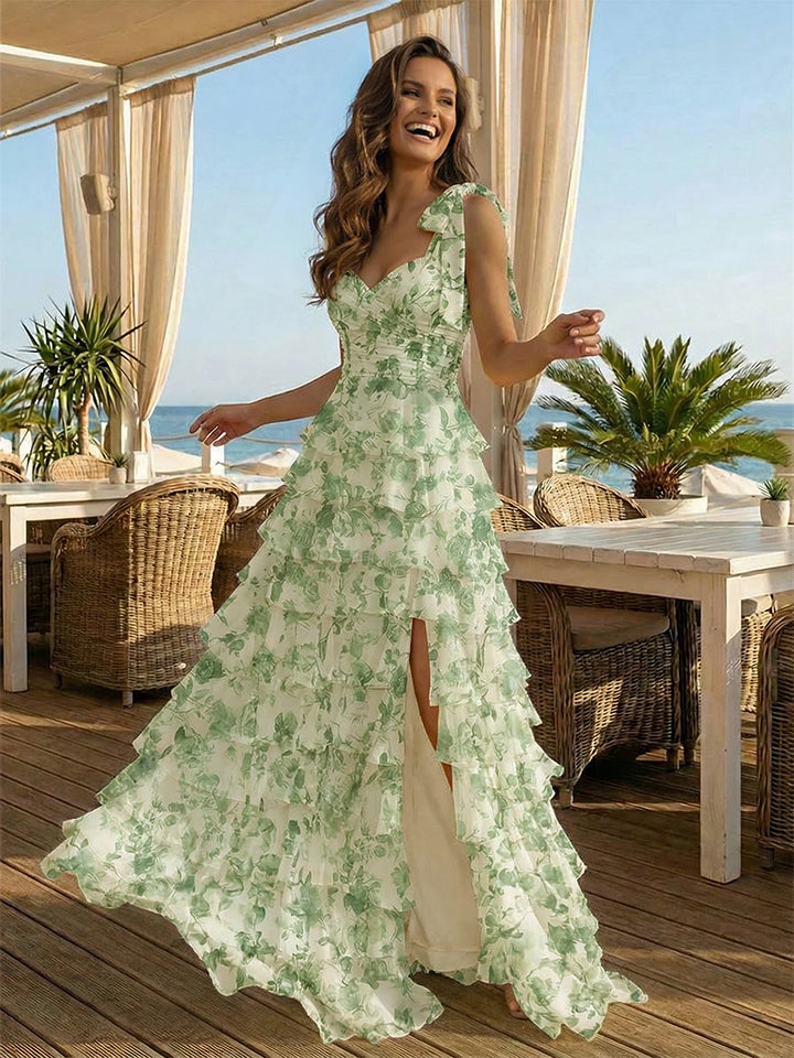 Floral Bow Spaghetti Straps Sweetheart A Line Layered Prom Dresses with Slit