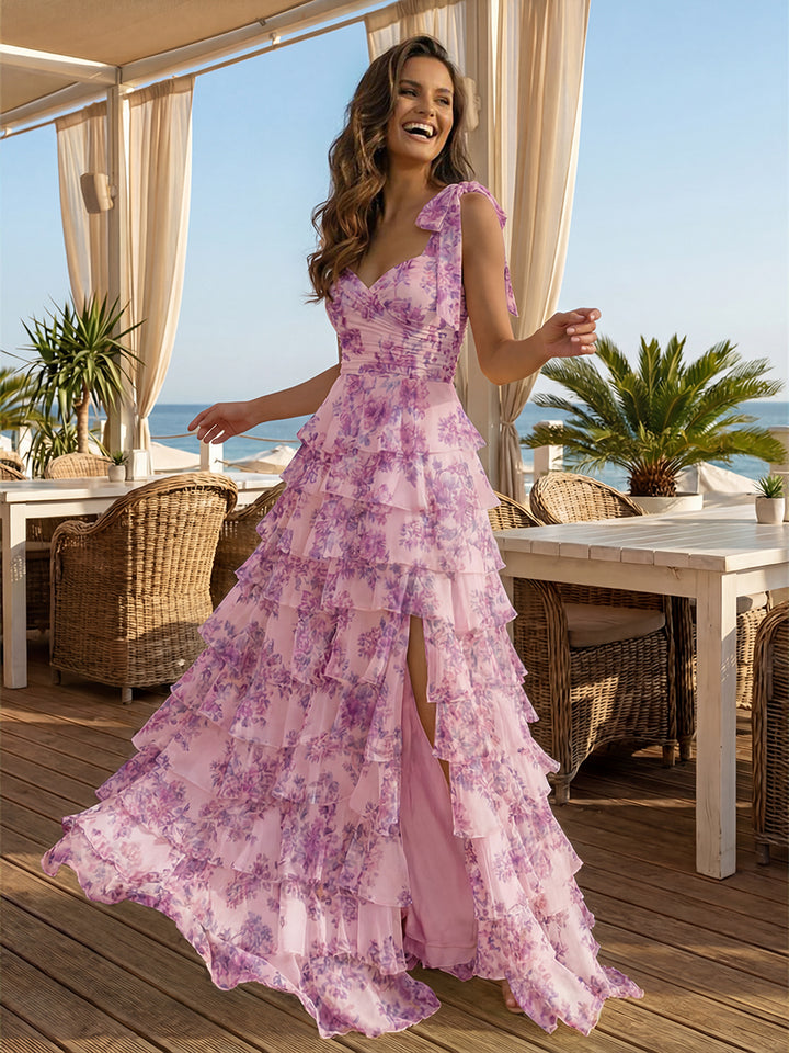 Floral Bow Spaghetti Straps Sweetheart A Line Layered Prom Dresses with Slit
