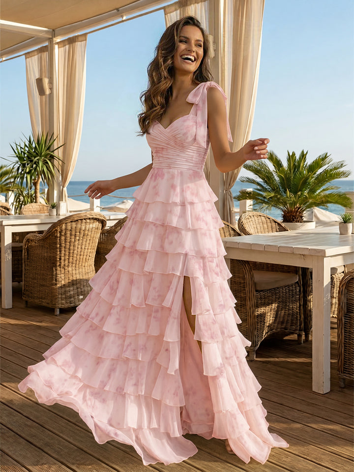 Floral Bow Spaghetti Straps Sweetheart A Line Layered Prom Dresses with Slit