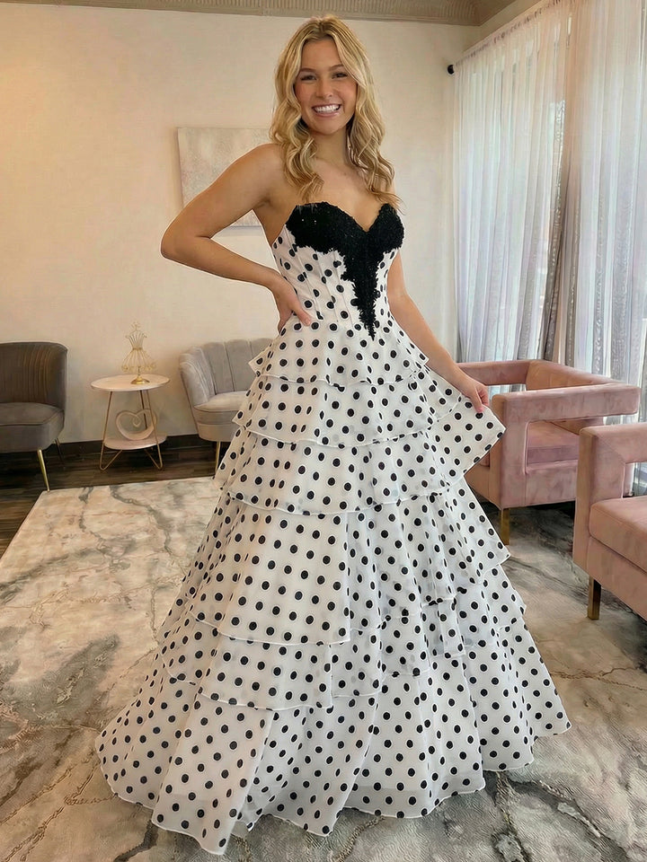 Strapless Sweetheart Spotted Satin A Line Layered Prom Dresses with Appliques