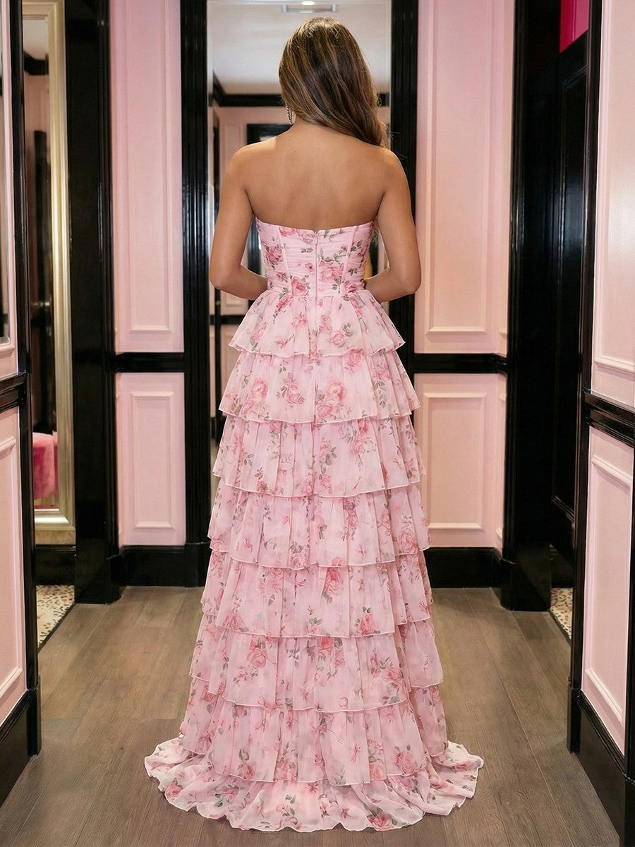 Tulle Tiered Floral Print Cut Out A Line Prom Dresses