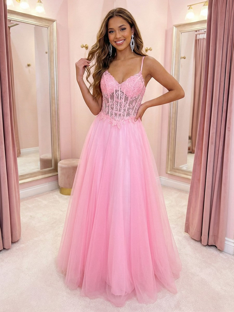 Spaghetti Straps V Neck Lace Appliques A Line Prom Dresses