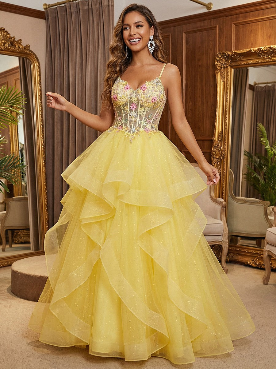 Spaghetti Straps V Neck Lace Appliques Tiered A Line Prom Dresses