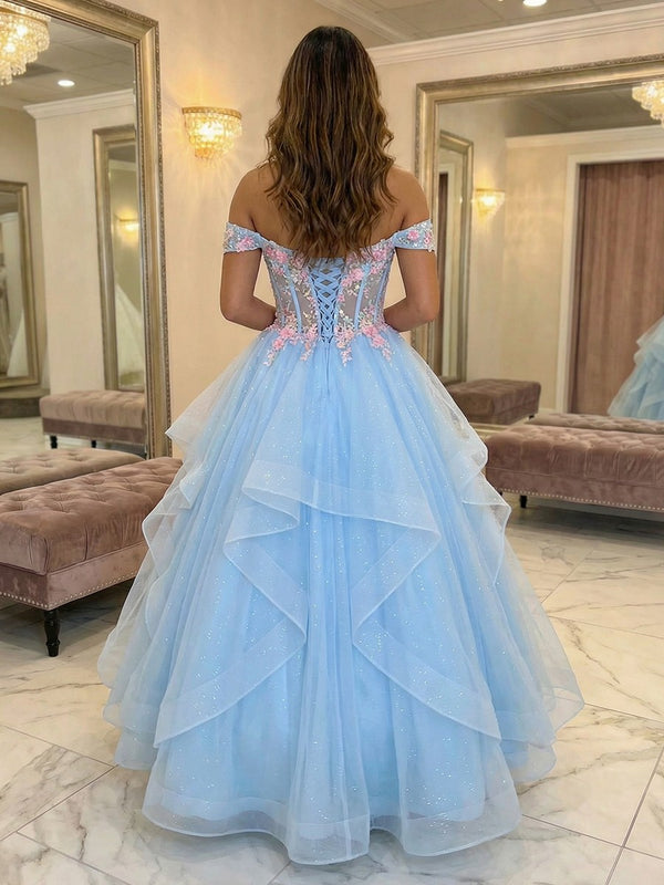 Off the Shoulder V Neck Lace Appliques Tiered A Line Prom Dresses