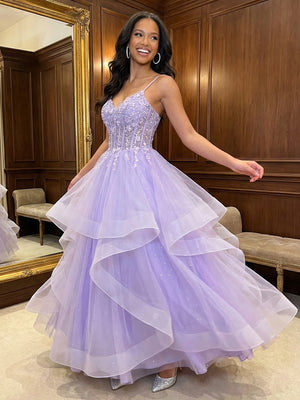 Spaghetti Straps V Neck Lace Appliques Tiered A Line Prom Dresses