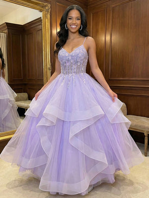 Spaghetti Straps V Neck Lace Appliques Tiered A Line Prom Dresses