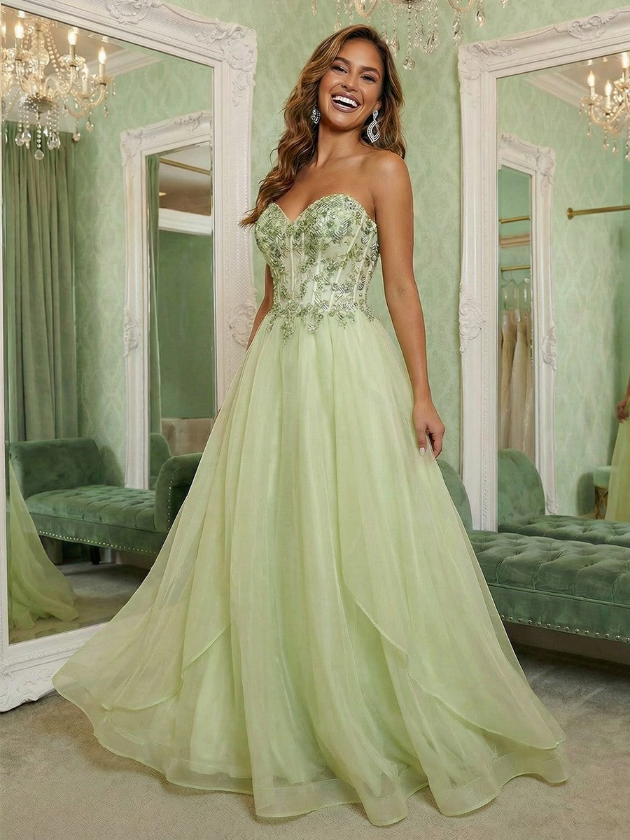 V Neck Lace Appliques Sleeveless A Line Prom Dresses