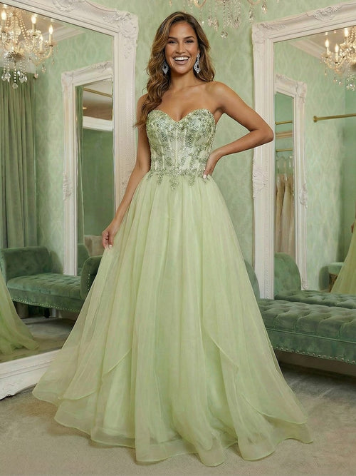 V Neck Lace Appliques Sleeveless A Line Prom Dresses