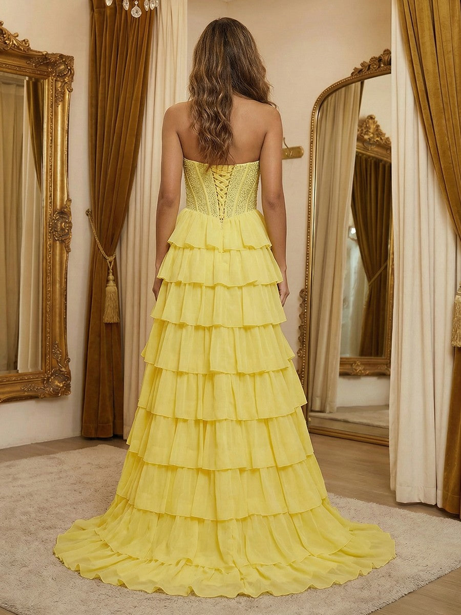 Sparkly Strapless Corset Tiered A Line Prom Dresses