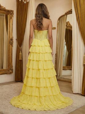 Sparkly Strapless Corset Tiered A Line Prom Dresses