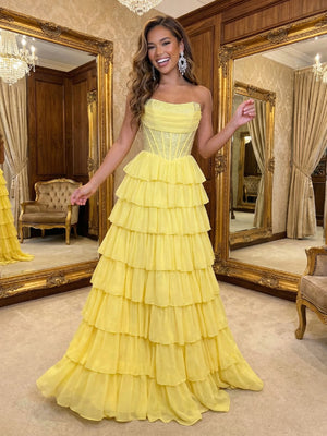 Sparkly Strapless Corset Tiered A Line Prom Dresses