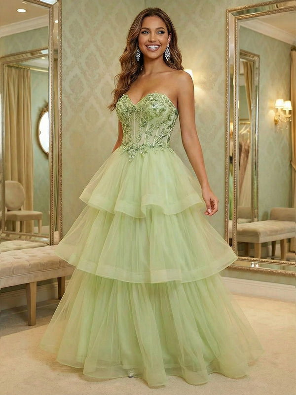 V Neck Lace Appliques Tiered A Line Prom Dresses