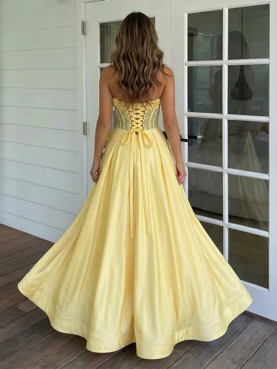 Sparkly Strapless Corset Lace Appliques Bow A Line Prom Dresses