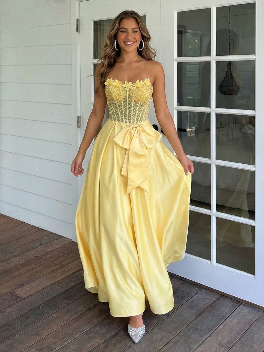 Sparkly Strapless Corset Lace Appliques Bow A Line Prom Dresses