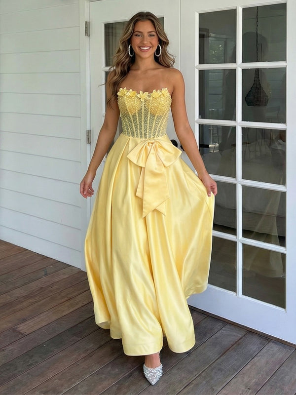 Sparkly Strapless Corset Lace Appliques Bow A Line Prom Dresses