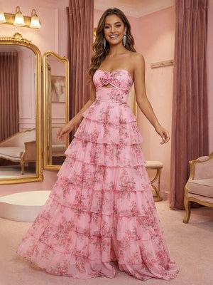 3D Flowers Tulle Tiered Floral Print Cut Out A Line Prom Dresses
